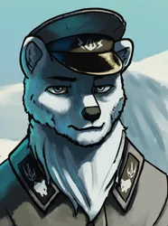 Size: 3120x4200 | Tagged: safe, artist:neither, derpibooru import, oc, oc:bjornling, unofficial characters only, bear, polar bear, equestria at war mod, bust, cap, clothes, hat, image, png, portrait, solo