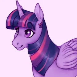 Size: 1280x1280 | Tagged: safe, artist:skippyisabramble, derpibooru import, twilight sparkle, twilight sparkle (alicorn), alicorn, pony, bust, eyebrows, eyebrows visible through hair, female, g4, image, mare, pink background, png, simple background, smiling, solo