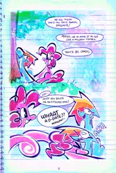 Size: 1500x2250 | Tagged: safe, artist:yl0w, derpibooru import, part of a set, pinkie pie, rainbow dash, earth pony, pegasus, pony, comic:rainbow override, fanfic:rainbow factory, 2 panel comic, :3, ><, blue coat, cartoon physics, cloud, colored, comic, curly mane, curly tail, day, dialogue, duo, duo female, eye clipping through hair, eyebrows, eyebrows visible through hair, eyelashes, eyes closed, fanfic art, female, floppy ears, g4, glomp, grass, grin, image, lidded eyes, lined paper, looking at each other, looking at someone, looking back, mare, multicolored hair, multicolored mane, nervous, nervous grin, one eye closed, open mouth, open smile, outdoors, part of a series, pink coat, pink mane, pink tail, pinkie being pinkie, pinkie physics, png, ponyville town hall, rainbow hair, sitting, sky, smiling, smiling at each other, sparkly eyes, speech bubble, sweat, sweatdrop, tail, talking, text, tongue out, tree, wavy mouth, wingding eyes