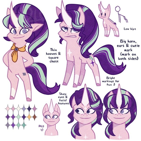 Size: 1000x1000 | Tagged: safe, artist:disaterror, derpibooru import, starlight glimmer, pony, unicorn, g5, my little pony: tell your tale, alternate design, big ears, coat markings, color palette, colored hooves, colored horn, curved horn, equal cutie mark, eyeroll, eyeshadow, facial markings, floppy ears, g4, hooves behind back, horn, image, jpeg, large horn, lidded eyes, long horn, long mane, long tail, looking at you, looking back, makeup, neckerchief, no catchlights, open frown, pink coat, pink eyeshadow, pink hooves, ponytail, purple eyes, reference sheet, s5 starlight, shrunken pupils, simple background, smiling, smiling at you, socks (coat marking), solo, standing, star (coat marking), tail, tell your tale accurate, text, tied mane, two toned mane, two toned tail, unicorn horn, white background