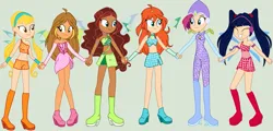 Size: 1845x885 | Tagged: safe, artist:bender1567, artist:machakar52, derpibooru import, fairy, equestria girls, aisha, base used, bloom (winx club), blue wings, bodysuit, boots, clothes, crossover, dress, equestria girls style, equestria girls-ified, eyes closed, fairy wings, flora (winx club), g4, green wings, headphones, high heel boots, high heels, holding hands, image, layla, magic winx, musa, pigtails, pink dress, png, red dress, shoes, smiling, stella (winx club), strapless, tecna, wings, winx club