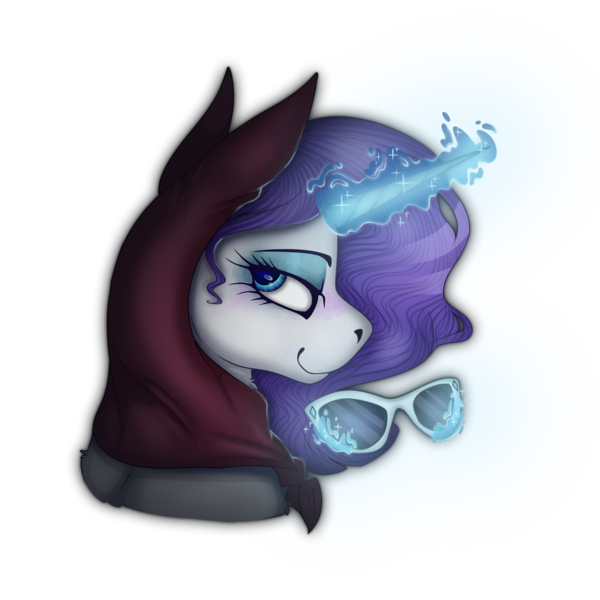 Size: 2000x2000 | Tagged: safe, artist:molars, derpibooru import, rarity, pony, unicorn, bandana, blue eyes, blue magic, blushing, clothes, commission, eyebrows, eyelashes, glasses, glow, glowing horn, head scarf, horn, image, levitation, magic, png, raised eyebrow, scarf, shading, shawl, simple background, solo, spy (tf2), spy rarity, sunglasses, team fortress 2, telekinesis, transparent background, white fur