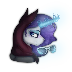 Size: 2000x2000 | Tagged: safe, artist:molars, derpibooru import, rarity, pony, unicorn, bandana, blue eyes, blue magic, blushing, clothes, commission, eyebrows, eyelashes, glasses, glow, glowing horn, head scarf, horn, image, levitation, magic, png, raised eyebrow, scarf, shading, shawl, simple background, solo, spy (tf2), spy rarity, sunglasses, team fortress 2, telekinesis, transparent background, white fur