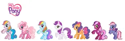 Size: 3680x1200 | Tagged: artist needed, safe, derpibooru import, cheerilee (g3), pinkie pie (g3), rainbow dash (g3), scootaloo (g3), starsong, sweetie belle (g3), toola roola, earth pony, pegasus, pony, unicorn, g3, bipedal, colored wings, core seven, eyeshadow, female, freckles, g3 to g4, g3.5, g3.5 to g4, g4, generation leap, horn, image, looking at you, looking back, makeup, multicolored hair, my little pony logo, png, rainbow hair, rainbow tail, raised hoof, recolor, simple background, smiling, smiling at you, spread wings, tail, toola-roola, walking, white background, wings