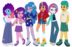 Size: 640x417 | Tagged: safe, artist:jazzhooves, derpibooru import, hitch trailblazer, izzy moonbow, pipp, pipp petals, sunny starscout, zipp storm, human, equestria girls, g5, applejack (g5), boots, clothes, daisy (flower), dress, equestria girls-ified, female, flower, flower in hair, fluttershy (g5), freckles, g4, g5 to equestria girls, g5 to g4, generation leap, hairclip, hand in pocket, hand on hip, humanized, image, jacket, jpeg, jumper, looking at each other, looking at someone, male, mane five, mane six (g5), mane stripe sunny, misty brightdawn, one eye closed, open mouth, open smile, pants, pinkie pie (g5), pipp is short, polo shirt, rainbow dash (g5), rarity (g5), rebirth misty, roller skates, shirt, shoes, shorts, simple background, skates, skirt, smiling, socks, t-shirt, tanktop, twilight sparkle (g5), white background