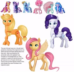 Size: 640x624 | Tagged: safe, artist:jazzhooves, derpibooru import, applejack, fluttershy, izzy moonbow, minty, pinkie pie, rainbow dash, rarity, sunny starscout, twilight sparkle, twilight sparkle (alicorn), alicorn, earth pony, pony, unicorn, g3, g5, female, freckles, g3 to g5, g4, g4 to g5, generation leap, hairband, horn, idea, image, jpeg, mane six, mane stripe sunny, simple background, smiling, spread wings, toy, toy interpretation, white background, wings