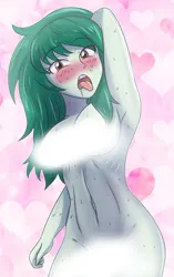 Size: 2079x3307 | Tagged: suggestive, artist:sumin6301, derpibooru import, wallflower blush, human, equestria girls, abstract background, ahegao, arm behind head, belly button, blushing, breasts, busty wallflower blush, censored, censored breasts, censored vulva, complete nudity, drool, eyebrows, eyebrows visible through hair, g4, heart, image, jpeg, looking at you, nudity, open mouth, solo, stupid sexy wallflower blush, sweat, sweatdrop, teeth, tongue out