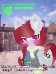 Size: 4096x5461 | Tagged: safe, artist:sodapop sprays, derpibooru import, oc, oc:municorn, oc:skyfire lumia, pegasus, pony, fallout equestria, another settlement needs our help i'll mark it on your map, blushing, chest fluff, clothes, ear fluff, fallout, fallout 4, image, imminent death, imminent everything, jumpsuit, looking at you, meme, pipboy, png, quicksave, quicksaving, settlement, text, this will not end well, vault suit
