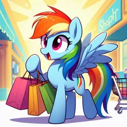 Size: 1024x1024 | Tagged: safe, ai content, derpibooru import, machine learning generated, prompter:equestria pony fans, rainbow dash, pegasus, pony, bag, bags, female, floor, g4, generator:bing image creator, generator:dall-e 3, happy, image, jpeg, mall, open mouth, shadow, shop, shopping, shopping bag, shopping cart, shopping mall, smiling, solo, text, wrong cutie mark