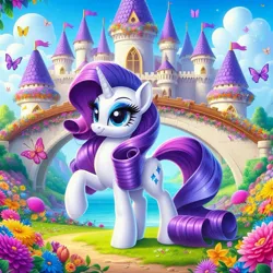 Size: 1024x1024 | Tagged: safe, ai content, derpibooru import, machine learning generated, prompter:equestria pony fans, rarity, butterfly, insect, pony, unicorn, bush, castle, cloud, eyeshadow, female, flag, flower, generator:bing image creator, generator:dall-e 3, grass, ground, hill, horn, image, leaf, makeup, meadow, outdoors, path, png, raised hoof, river, sky, solo, sparkles, tree, water, window, wrong cutie mark