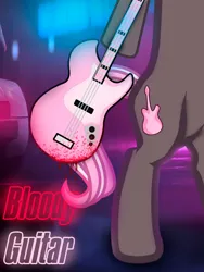 Size: 1200x1600 | Tagged: safe, artist:i'm derpy, derpibooru import, neon lights, rising star, oc, oc:bronyka, unofficial characters only, pony, unicorn, bipedal, blood, female, g4, guitar, horn, image, jpeg, mare, musical instrument, poster, solo, text