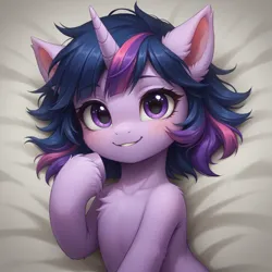 Size: 1328x1328 | Tagged: safe, ai content, derpibooru import, generator:bluefox mix, machine learning generated, prompter:adorablebluefox, stable diffusion, twilight sparkle, pony, unicorn, beautiful, bed, blushing, chest fluff, cute, ear fluff, ear tufts, ears up, eyebrows, eyebrows visible through hair, eyelashes, female, filly, filly twilight sparkle, fluffy, foal, g4, horn, image, looking at you, lying down, messy mane, on back, png, pose, pretty, raised hoof, short mane, smiling, smiling at you, solo, twiabetes, unshorn fetlocks, younger