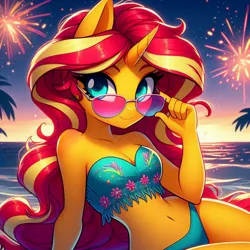Size: 1024x1024 | Tagged: safe, ai content, derpibooru import, machine learning generated, prompter:glimmy-glam, sunset shimmer, anthro, aviator sunglasses, beach, belly button, bikini, breasts, clothes, evening, fireworks, generator:dall-e 3, glasses, hips, image, jpeg, looking at you, ocean, palm tree, sunglasses, swimsuit, tree, water
