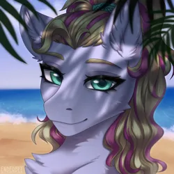 Size: 2048x2048 | Tagged: safe, artist:enderbee, derpibooru import, oc, oc:radical bay, unofficial characters only, earth pony, pony, beach, bust, female, image, leaves, looking at you, mare, png, portrait, smiling