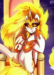 Size: 3600x5000 | Tagged: safe, artist:shadowreindeer, derpibooru import, daybreaker, alicorn, pony, image, jpeg, looking at you, solo, starry background, throne