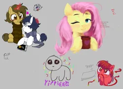 Size: 1535x1118 | Tagged: safe, artist:heknta, artist:inkp0ne, derpibooru import, fluttershy, oc, oc:michel tusche, oc:sagiri himoto, earth pony, pegasus, unicorn, aggie.io, autism creature, blood, clothes, confetti, couple, cup, cute, digital art, glow, glowing horn, gyatt, heart, horn, image, lemon ink, love, magic, nosebleed, pixel art, png, scarf, shared clothing, shared scarf, shipping, shyabetes, sweater, wires