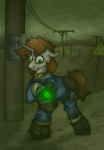 Size: 2000x2899 | Tagged: safe, artist:molars, derpibooru import, rainbow dash, oc, oc:littlepip, unofficial characters only, pony, unicorn, fallout equestria, armor, ashes town, boots, clothes, complex background, concerned, enclave, fallout equestria oc, female, freckles, glow, glowing pipbuck, green glow, hoofprints, horn, image, injured, jumpsuit, leather, leather boots, mare, pip buck, png, poster, propaganda poster, rad-away, radiation, raised hoof, scar, shoes, short mane, solo, telephone pole, telephone wire, vault 2, vault suit, warning sign, wasteland, worried