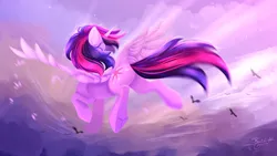 Size: 1920x1080 | Tagged: safe, artist:jsunlight, derpibooru import, twilight sparkle, twilight sparkle (alicorn), alicorn, bird, pony, cloud, crepuscular rays, ear fluff, facing away, female, flying, image, mare, png, sky, solo, sparkles, spread wings, underhoof, wings