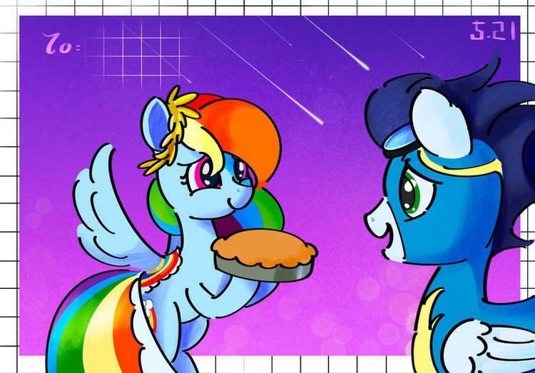 Size: 750x523 | Tagged: safe, artist:edgillock, ponerpics import, ponybooru import, rainbow dash, soarin', pegasus, pony, the best night ever, clothes, dress, female, food, gala dress, image, jpeg, male, mare, pie, shipping, soarindash, stallion, straight, uniform, wonderbolts uniform