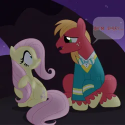 Size: 3000x3000 | Tagged: safe, artist:texacity, derpibooru import, big macintosh, fluttershy, earth pony, pegasus, pony, filli vanilli, alternate ending, dialogue, duo, duo female, female, fluttermac, g4, image, jpeg, looking at each other, looking at someone, male, mare, ponytones outfit, shipping, signature, sitting, speech bubble, stallion, straight