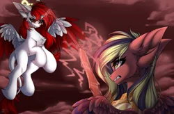 Size: 4000x2625 | Tagged: safe, artist:shinoshai, derpibooru import, oc, oc:dersha, oc:sindy silence, alicorn, pegasus, pony, armor, female, fight, image, png, sword, weapon