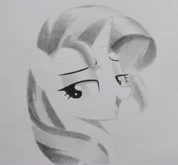 Size: 2288x2120 | Tagged: safe, artist:mizhisha, derpibooru import, sunset shimmer, pony, female, g4, image, jpeg, looking back, mare, monochrome, open mouth, pencil drawing, traditional art