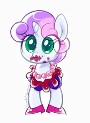 Size: 882x1200 | Tagged: safe, artist:scarlet-spectrum, derpibooru import, sweetie belle, pony, unicorn, 5-year-old, 5-year-old sweetie belle, clothes, cute, diasweetes, female, filly, foal, g4, horn, image, jewelry, messy, necklace, png, shoes, simple background, solo, white background, younger