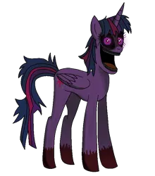 Size: 649x739 | Tagged: semi-grimdark, artist:kriz, derpibooru import, twilight sparkle, twilight sparkle (alicorn), alicorn, monster pony, pony, blood, creepypasta, female, folded wings, horn, image, looking at you, mare, messy mane, messy tail, open mouth, open smile, png, simple background, smiling, smiling at you, sonic the hedgehog (series), sonic.exe, standing, tail, tall, transparent, transparent background, wings