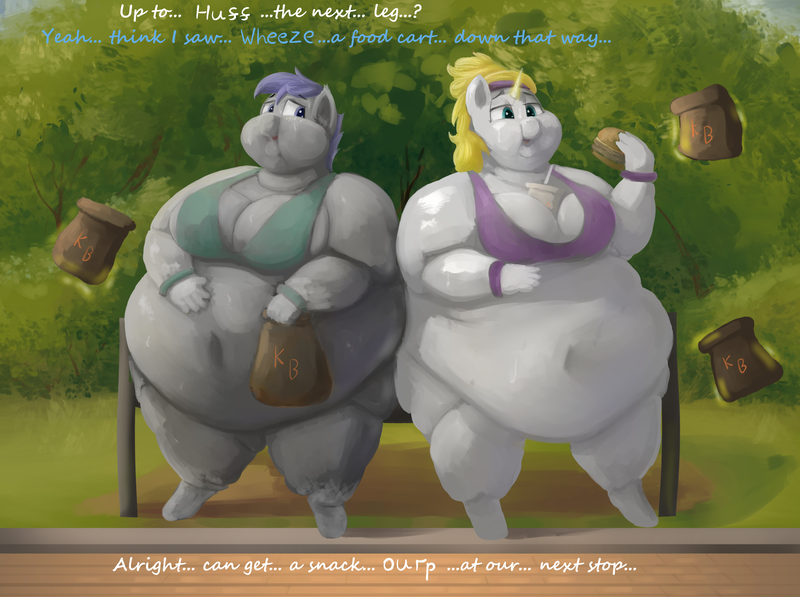 Size: 2701x2014 | Tagged: questionable, artist:lupin quill, derpibooru import, oc, oc:midnight blossom, oc:snow veil, unofficial characters only, anthro, bat pony, unguligrade anthro, unicorn, series:workout malfunction (weight gain), anthro oc, bat pony oc, bat wings, belly, belly button, big belly, big breasts, bingo wings, blushing, bra, breasts, brick wall, cankles, cleavage, clothes, exercise, fast food, fat, fat fetish, female, females only, fetish, food, horn, image, large butt, lineless, magic, morbidly obese, multichin, obese, open mouth, png, rolls of fat, sports bra, sweat, sweatband, sweatdrop, telekinesis, thighs, thunder thighs, underwear, weight gain, weight gain sequence, wide hips, wings, workout, workout outfit