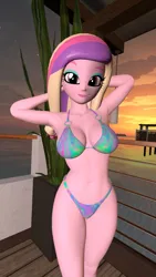 Size: 1080x1920 | Tagged: suggestive, artist:oatmeal!, derpibooru import, princess cadance, human, equestria girls, 3d, arm behind head, belly button, bikini, breasts, busty princess cadance, cleavage, clothes, dean cadance, eyebrows, g4, gmod, image, legs together, looking at you, ocean, png, raised eyebrow, sexy, solo, standing, sunset, swimsuit, water, wide hips