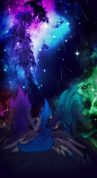 Size: 1400x2560 | Tagged: safe, artist:linkle, derpibooru import, oc, oc:linkle riverward, oc:nirn, unofficial characters only, hybrid, pegasus, grass, hug, image, looking up, multiple wings, nebula, pegabat, phone wallpaper, png, shooting star, sitting, space, spread wings, stars, the cosmos, universe, winghug, wings