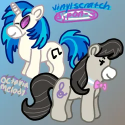 Size: 1000x1000 | Tagged: safe, artist:mintwhistle, derpibooru import, octavia melody, vinyl scratch, earth pony, pony, unicorn, bowtie, dot eyes, duo, duo female, female, g4, gradient background, horn, image, mare, medibang paint, png, smiling, sunglasses, tail, two toned mane, two toned tail, vinyl and octavia day