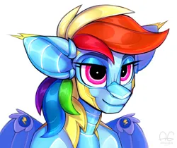 Size: 1893x1592 | Tagged: safe, artist:argigen, derpibooru import, rainbow dash, pegasus, pony, robot, robot pony, bust, clothes, female, g4, image, png, portrait, rainbot dash, roboticization, signature, simple background, smiling, uniform, white background, wonderbolts uniform