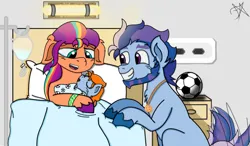 Size: 3873x2260 | Tagged: safe, artist:dawkinsdalmatian, derpibooru import, sunny starscout, oc, oc:sol starshine, earth pony, pony, g5, alternate universe, argyle starshine, baby, baby pony, bed, crying, dragon ball, father and child, father and daughter, female, football, hospital, hospital bed, image, incest, jewelry, male, mane stripe sunny, mother and child, newborn, png, regalia, sports, tears of joy, wristband