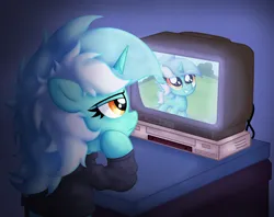 Size: 2556x2022 | Tagged: safe, artist:background basset, derpibooru import, lyra heartstrings, pony, unicorn, clothes, dig the swell hoodie, female, filly, filly lyra, foal, hoodie, horn, image, png, simple background, solo, table, television, younger