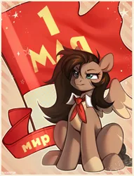 Size: 2982x3913 | Tagged: safe, artist:sugarstar, derpibooru import, oc, unofficial characters only, pegasus, pony, communism, cyrillic, flag, image, pegasus oc, pioneer, png, russian, sitting, smiling, solo, wings