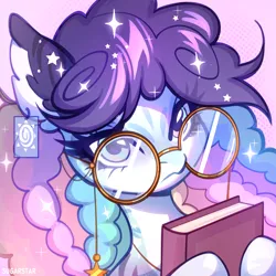 Size: 3000x3000 | Tagged: safe, artist:sugarstar, derpibooru import, oc, unofficial characters only, earth pony, pony, book, ear piercing, glasses, icon, image, piercing, png, solo, sparkles