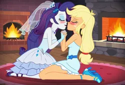 Size: 1216x832 | Tagged: safe, ai content, machine learning generated, prompter:tiamatnightmare, applejack, rarity, human, equestria girls, clothes, dress, female, humanized, image, jewelry, jpeg, kissing, lesbian, rarijack, ring, shipping, wedding dress, wedding ring