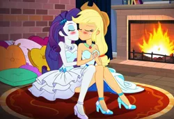 Size: 1216x832 | Tagged: safe, ai content, machine learning generated, prompter:tiamatnightmare, applejack, rarity, human, equestria girls, clothes, dress, female, humanized, image, jewelry, jpeg, kissing, lesbian, rarijack, ring, shipping, wedding dress, wedding ring