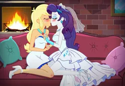 Size: 1216x832 | Tagged: safe, ai content, machine learning generated, prompter:tiamatnightmare, applejack, rarity, human, equestria girls, clothes, dress, female, humanized, image, jewelry, jpeg, kissing, lesbian, rarijack, ring, shipping, wedding dress, wedding ring