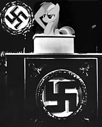 Size: 811x1009 | Tagged: safe, edit, editor:anonymous, rainbow dash, black and white, grayscale, image, jpeg, monochrome, nazi, podium, real life background, salute, swastika, tail