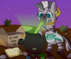 Size: 3200x2651 | Tagged: safe, artist:sweetielover, derpibooru import, zecora, zebra, baby, battery, book, box, cauldron, countryside, diaper, female, flower, g4, glow, high res, image, night, plant, png, rock, solo, standing, stick, toy