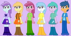 Size: 1573x804 | Tagged: safe, artist:maddiewondermanforever36, ponerpics import, ponybooru import, cotton cloudy, first base, liza doolots, noi, petunia, ruby pinch, tootsie flute, human, equestria girls, adorabase, alternate mane six, aura (g4), aurabetes, clothes, cottonbetes, cute, dress, equestria girls-ified, female, filly six, girly girl, humanized, image, jacket, lavender background, noiabetes, pants, pinchybetes, png, ribbon, sextet, shirt, shoes, simple background, skirt, tomboy, tootsie cute