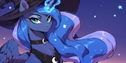 Size: 2400x1200 | Tagged: safe, ai content, derpibooru import, machine learning generated, prompter:greesys, princess luna, alicorn, bust, chest fluff, choker, hat, image, png, portrait, serious, solo, witch hat