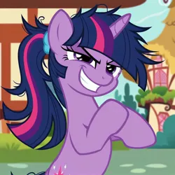 Size: 2048x2048 | Tagged: safe, ai content, machine learning generated, ponerpics import, twilight sparkle, unicorn, generator:ponydiffusion, generator:purplesmart.ai, grainy, image, jpeg, ponytail, scrunchie, show accurate, unicorn twilight