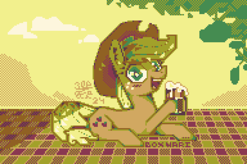 Size: 1920x1280 | Tagged: safe, artist:boxwari, derpibooru import, applejack, earth pony, pony, cider, cider mug, digital art, female, g4, hoof hold, image, limited palette, looking at you, lying down, mare, mug, open mouth, open smile, outdoors, picnic blanket, pixel art, png, prone, signature, smiling, smiling at you, solo