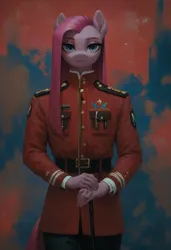 Size: 832x1216 | Tagged: safe, ai content, derpibooru import, machine learning generated, prompter:kopaleo, stable diffusion, pinkie pie, anthro, bust, cane, clothes, generator:pony diffusion v6 xl, half body, image, looking at you, military uniform, pinkamena diane pie, png, portrait, prompt in description, standing, uniform, walking stick