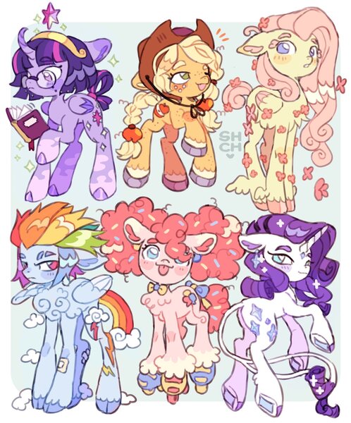 Size: 1533x1846 | Tagged: safe, artist:sharpycharot, derpibooru import, applejack, fluttershy, pinkie pie, rainbow dash, rarity, twilight sparkle, twilight sparkle (alicorn), alicorn, earth pony, pegasus, pony, unicorn, alternate design, applejack's hat, book, chest fluff, cloven hooves, colored wings, cowboy hat, curved horn, ear piercing, earring, female, fetlock tuft, freckles, g4, glasses, hat, hoof shoes, horn, image, jewelry, jpeg, leonine tail, mane six, mare, one eye closed, passepartout, piercing, reading, regalia, roller skates, rollerblades, skates, split tail, tail, tongue out, twitterina design, unshorn fetlocks, winged hooves, wings, wink