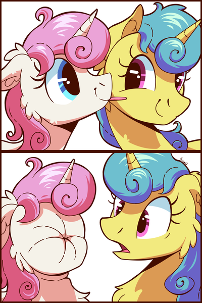 Size: 1000x1500 | Tagged: safe, artist:candy meow, derpibooru import, lemon hearts, twinkleshine, pony, unicorn, 2 panel comic, cartoon physics, chest fluff, comic, duo, ear fluff, female, floppy ears, food, g4, horn, image, lemon, lemon meme, looking at each other, looking at someone, mare, meme, name joke, png, puckered face, scrunchy face, shocked, simple background, smiling, sour, tongue out, white background