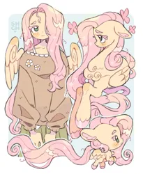 Size: 1473x1798 | Tagged: safe, artist:sharpycharot, derpibooru import, fluttershy, anthro, pegasus, pony, chest fluff, clothes, female, g4, image, jpeg, lying down, mare, passepartout, prone, self paradox, self ponidox, solo, unshorn fetlocks